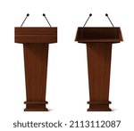 Realistic pedestal tribune and podium with microphones for speech isolated vector illustration