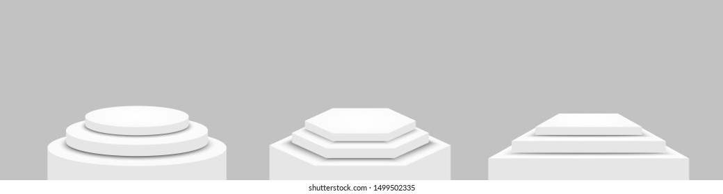 Realistic pedestals collection with square round hexagonal shaped winner podiums. Isolated vector illustration