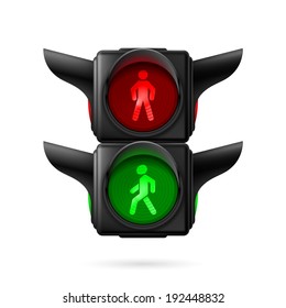 Realistic pedestrian traffic lights with red and green lamps on. Illustration on white background