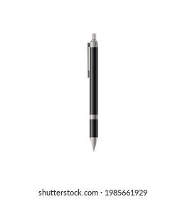 Realistic pen, mockup isolated on white background. Black chrom ballpoint for your bussiness and design. Vector illustration.