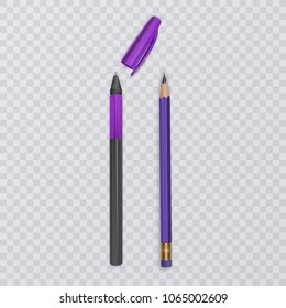 Realistic pen and pencil on transparent background, purple color. Vector illustration