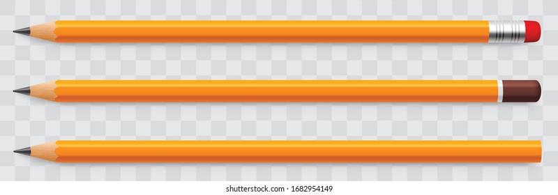 Realistic pencil collection with shadow. Set of yellow pencils sharpened with a rubber band and without - stock vector.