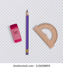 A realistic pencil with a eraser and ruler on a transparent background, stationery and school goods, vector eps 10 illustration