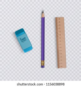 A realistic pencil with a eraser and ruler on a transparent background, stationery and school goods, vector eps 10 illustration