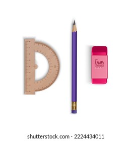 A realistic pencil with a eraser and ruler on a transparent background, stationery and school goods, vector eps 10 illustration