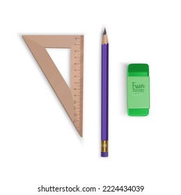 A realistic pencil with a eraser and ruler on a transparent background, stationery and school goods, vector eps 10 illustration