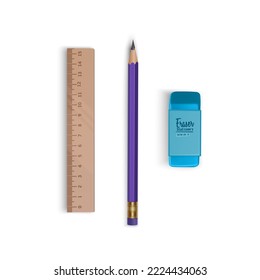A realistic pencil with a eraser and ruler on a transparent background, stationery and school goods, vector eps 10 illustration