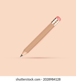Realistic pencil with eraser. Sharpened beige graphite pencil. Stationery vector illustration