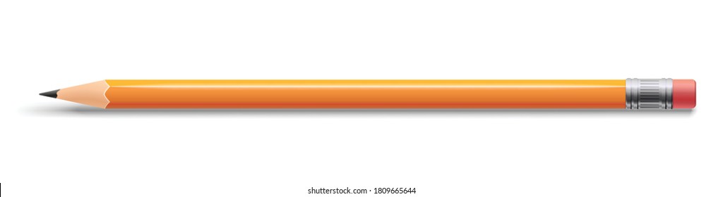 Realistic pencil with eraser. Yellow drawing tool for education and studies. Office supplies, stationery element. Vector