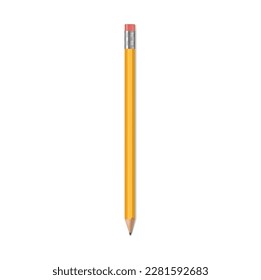 Realistic pencil, isolated vector yellow wooden writing tool with rubber eraser. Sharpened detailed office stationery mockup, school instrument. Creativity, idea, education and design symbol