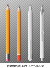 Realistic pencil and pen mockup set isolated on transparent background. Standard graphite and mechanical pencils with eraser and white pen, vector illustration.