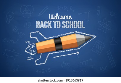 Realistic pencil rocket launching on blue board, concept of welcome back to school background