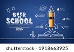 Realistic pencil rocket launching out from the book infographic, welcome back to school background