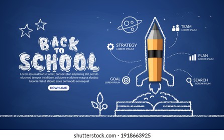 Realistic pencil rocket launching out from the book infographic, welcome back to school background