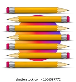 Realistic pencil set. Creation metaphor. Gradient circle. 3D pencil vector illustration. Writing orange sharp pencils with eraser and shadow.