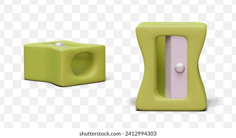 Realistic pencil sharpener closeup. Stationery, front and side view