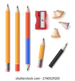 Realistic pencil and sharpener with shavings set isolated on white background. School supplies with and without eraser, double sided colors and stumps, vector illustration,