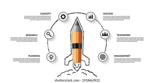 Realistic pencil spaceship launching infographic with multiple options, Welcome back to school background