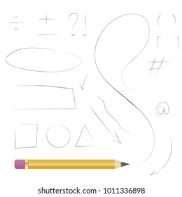 Realistic pencil vector hand drawn geometric shapes, math symbols, lines, punctuation and arrows