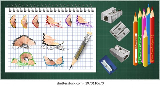 Realistic pencils. 3D colored school stationery with sharpener and shavings. sharpened pencils of various lengths with a rubber, a sharpener, pencil shavings and a graphite isolated on white