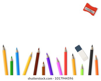 Realistic pencils pencil sharpener eraser background - drawing mockup template design. Colored pencils and eraser rubber illustration