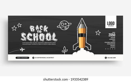 Realistic pencils rocket launching to space social media cover banner template, Back to school background