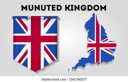 Realistic pennant with the flag of the United Kingdom with a texture. Map of Great Britain. Vertical english flag pattern
