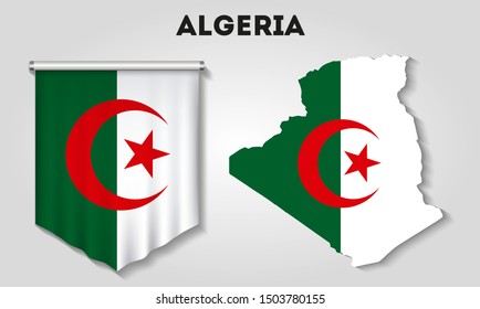 Realistic pennant and map with flag of Algeria on a gray background
