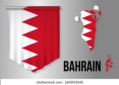 Realistic pennant and map with flag of Bahrain

