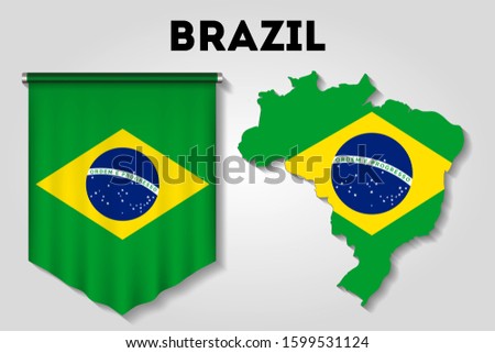 Realistic pennant and map with flag of Brazil
