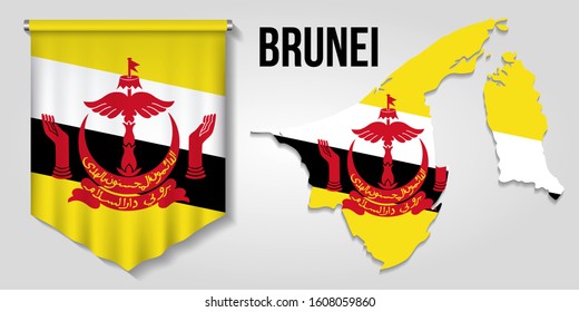 Realistic pennant and map with flag of Brunei
