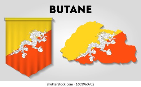 Realistic pennant and map with flag of Butane
