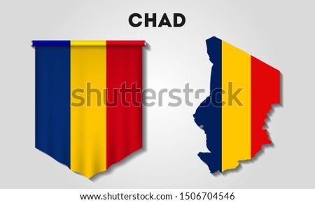 Realistic pennant and map with flag of Chad on a gray background
