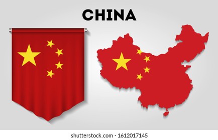Realistic pennant and map with flag of China
