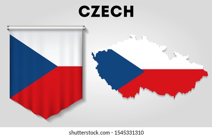 Realistic pennant and map with flag of Czech
