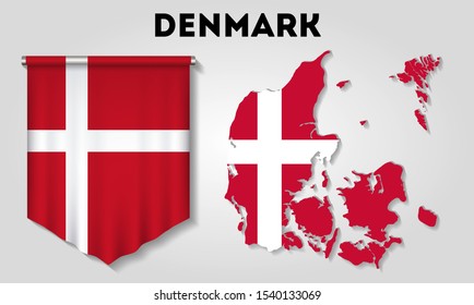 Realistic pennant and map with flag of Denmark
