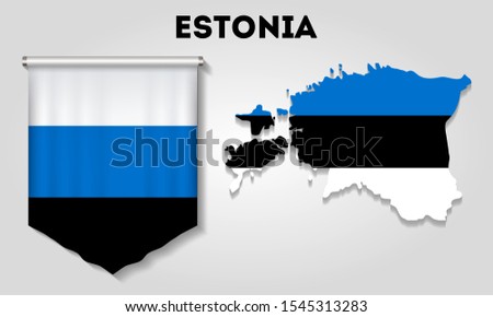 Realistic pennant and map with flag of Estonia
