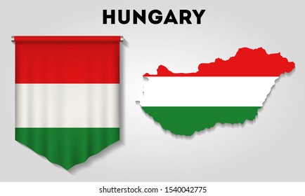 Realistic pennant and map with flag of Hungary
