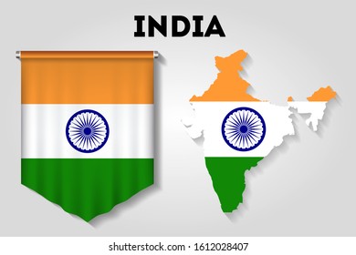 Realistic pennant and map with flag of India
