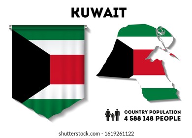 Realistic pennant and map with the flag of Kuwait. Country Population Information

