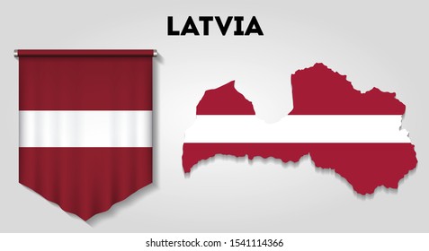 Realistic pennant and map with flag of Latvia
