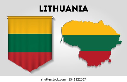 Realistic pennant and map with flag of Lithuania
