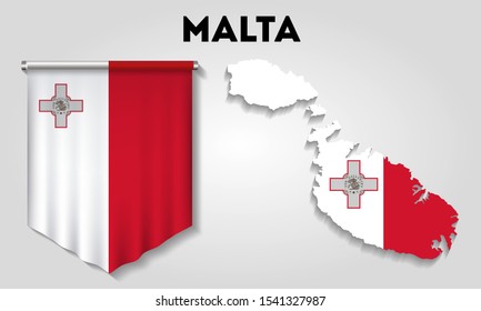 Realistic pennant and map with flag of Malta
