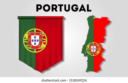 Realistic pennant and map with flag of Portugal on a gray background
