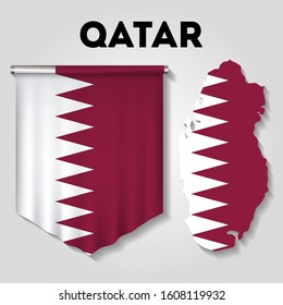 Realistic pennant and map with flag of Qatar
