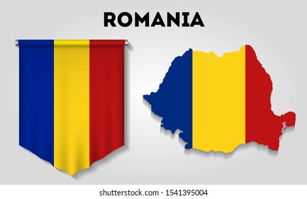 Realistic pennant and map with flag of Romania
