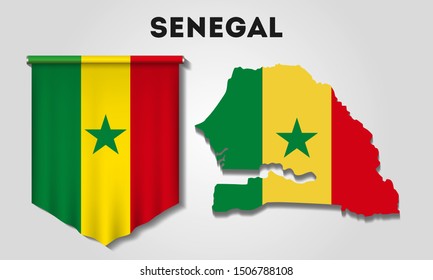 Realistic pennant and map with flag of Senegal on a gray background
