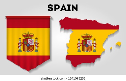 Realistic pennant and map with flag of Spain
