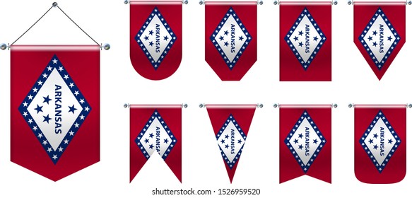 Realistic Pennants Hanging Flags of ARKANSAS state USA. Vertical Template design set national flags of country for travel, sport, advertising, signboard, website, award, achievement, festival.