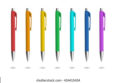 Realistic pens for identity design. Pens with rainbow colors. Vector template illustration. Corporate pen design